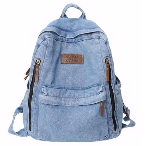 Image of Ausing Vintage Jeans Canvas Backpack - Lightweight Aesthetic Commuting Adjustable Strap Laptop Denim Casual Travel Work School Bag Blue