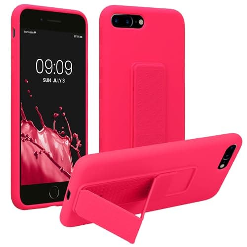Image of kwmobile Case for Apple iPhone 7 Plus/iPhone 8 Plus Case - Soft TPU Cover with Silicone Coating - With Hand Strap and Stand Function - Shockproof - Neon Pink