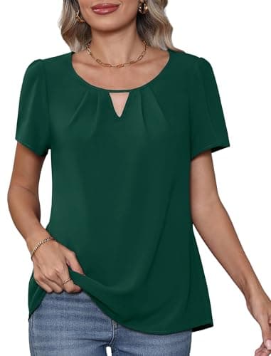 Image of YGJIEGENG Womens Blouses Shirts, Casual Short Sleeve Summer Chiffon Blouses Elegant Pleated Round Neck Chiffon Tops Business Shirts Tops for Women UK Dark Green M