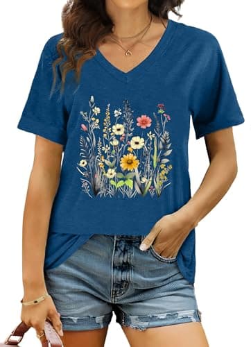 Image of tiorhooe V Neck T Shirts for Women UK Graphic T Shirt Ladies Casual Print V-Neck Short Sleeve Top (Blue1,M)