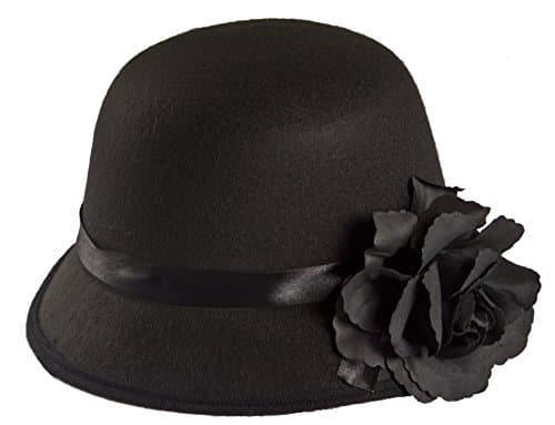 Image of Ladies Black Cloche Hat - Black Cloche Hat With Ribbon and Rose - Perfect for 1920s Fancy Dress Events or Any Other Fancy Dress Events