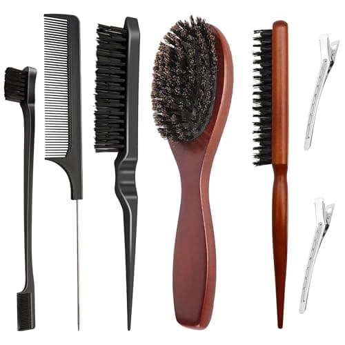 Image of 7 Pcs Hair Brushes Set, Boar Bristle Hair Brushes Back Combing Brush Hairstyling Comb with 2 Hair Clips, Professional Teasing Hairs Brush for Women Men Kids Salon Hairs Slicking Styling Smoothing
