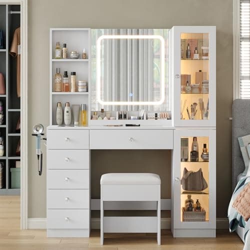 Image of FUSOU Dressing Table with LED Mirror, Vanity Desk with Charging Station, 2 Cabinets & 3 Open Shelves, 6 Drawers Vanity Set with Glass Top, Makeup Vanity Table for Bedroom, White