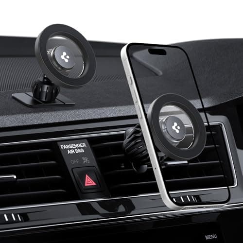 Image of Spigen MagSafe Car Mount 2-in-1 Airvent Hook & Surface Adhesive Magnetic Dashboard Phone Holder [MagSafe Ring] Made for iPhone 17 16 15 14 13 12 Pixelsnap Pixel 10 Pro XL Fold Galaxy S25 Etc - Grey