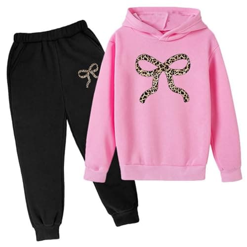 Image of SoLu DAY8 Kids Tracksuit Full Set Girls Age 3-14 Years Bow Leopard Hooded Sweatshirt and Sweatpants Teens Girls Winter Cute Stretchy Comfy Casual Sports Vacation Outfits 2 Piece (13-14 Years)