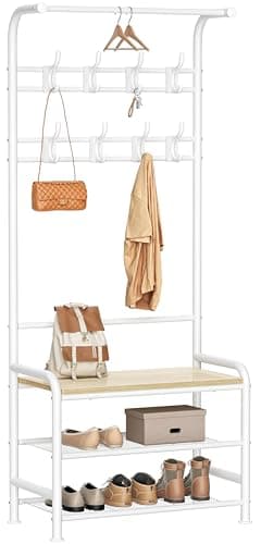 Image of HOMIDEC Coat Stand, 182cm Coat Rack with Shoe Bench Removable Hooks Hanging Rail, Coat and Shoe Rack for Hallway Entryway Small Space, White Oak