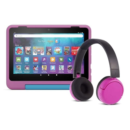 Image of Amazon Fire HD 8 Kids Pro tablet, 3 GB memory, 8" HD screen, parental controls, 13-hr battery, 32 GB and Made for Amazon, BuddyPhones | Pop Time in Pink