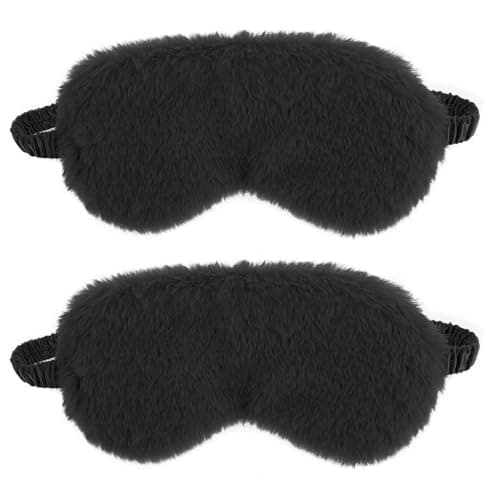 Image of 2 Pcs Plush Eye Mask Soft Sleeping Blindfold Eye Cover Comfortable Furry Faux Fur Sleeping Mask Satin Nap Night Eyeshade Cover for Women Men Gift (Black)