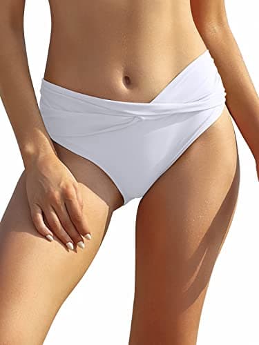 Image of SHEKINI Women's Bikini Bottom Twist Front Swimsuit Brief Ruched Medium Waisted Bathing Suit Bottoms White