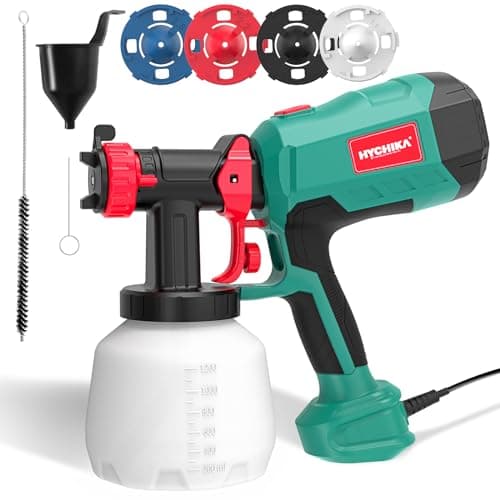 Image of HYCHIKA Paint Sprayer for Walls and Ceilings, 600W HVLP Paint Spray Gun, 1200ML Tank 4 Nozzles and 2 Cleaning Tools, Easy to Clean, 3 Patterns Spray Paint Gun for Fences and Sheds, Furniture