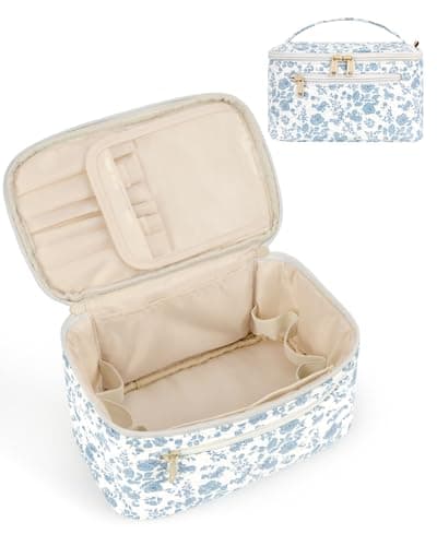 Image of Travel Makeup Bag with Brush Compartment, Large Cosmetic Bags, Quilted Fabric Makeup Case with Handle, Water-Resistant for Women, Blue Flower (Patent Pending)