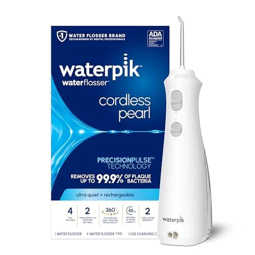 Image of Waterpik Cordless Pearl Rechargeable Portable Water Flosser for Teeth, Gums, Braces Care and Travel with 4 Flossing Tips, ADA Accepted, WF-13 White