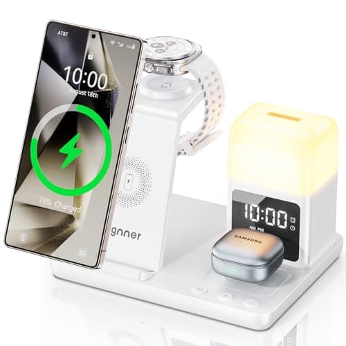 Image of Augnner 6 in 1 Upgraded Wireless Charging Station for Samsung with Alarm Clock & 3-Color Light | 15W Fast Charger for Galaxy S25 S24 Ultra Fold6/5 Galaxy Watch Ultra/6/5 Galaxy Buds (Adapter Included)
