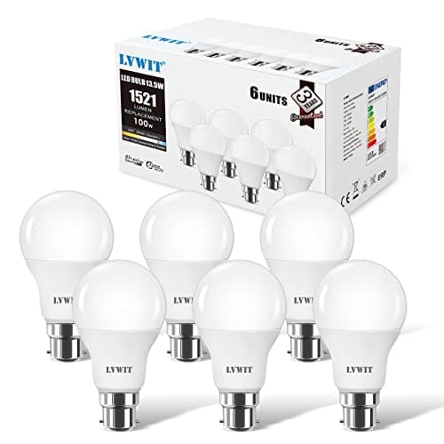 Image of LVWIT 14 W LED B22 Bayonet Light Bulb, A60, 1521Lm, Cool White 6500K, Non-Dimmable, Pack of 6