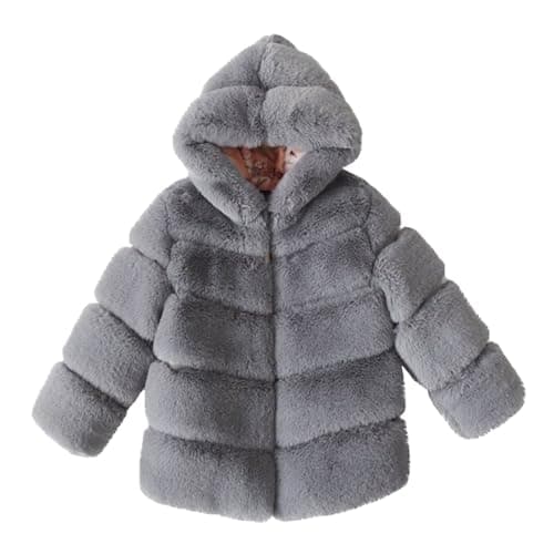 Image of AMhomely Faux Fur Jacket Kids-Fluffy Hooded Jacket Girls-Shaggy Fur Coat,Thick Furry,Warm,Long Sleeve,Solid,Windproof,Winter Coats for Children 3-14 Years Party A Grey 5-6 Years