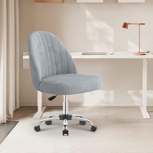 Image of naspaluro Small Swivel Makeup Vanity Chair, Velvet Dressing Table Chairs, Gray Comfy Desk Chairs for Bedroom/Home Office, Armless Cross Legged Office Chairs with Wheels, Spinning Salon Study Stool