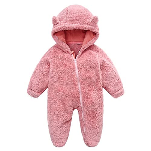 Image of Unisex Infant Baby Snowsuit Cute Cartoon Bear Jumpsuit Fleece Romper Suits Thin Coat Outfit Suit for Newborn Baby Boy Girl Pink 9-12Months