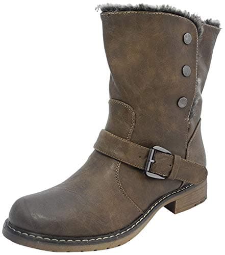 Image of Womens Fold Down Leather Look Fur Lined Biker Ankle Boots BROWN SIZE 3