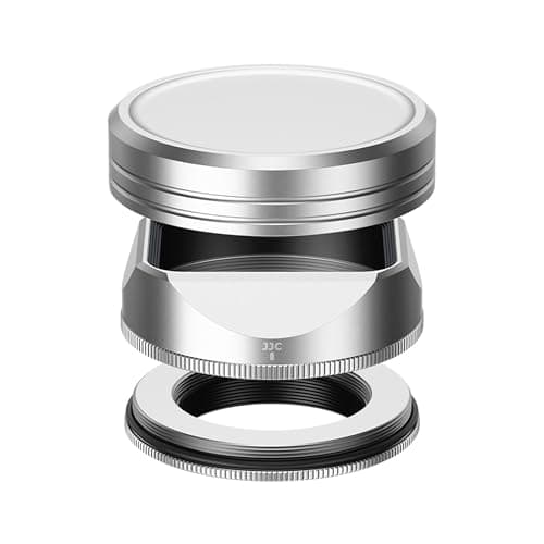 Image of JJC Metal Bayonet Lens Hood & Cap with Adapter Ring Compatible with Fujifilm X-E5 + XF 23mm F2.8 R WR, XF27mm F/2.8 R WR, XF 27mm F2.8, Shade Fits Ф39mm Filter, Replaces Original Fuji LH-XF27 Silver