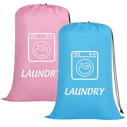 Image of Dntorx 2 Pack Large Travel Laundry Bags, 24" x 36" Heavy Duty Dirty Clothes Bags with Drawstring Machine Washable Reusable, Easy Fit a Laundry Basket or Hamper for Home, Travel, Camping (Blue + Pink)