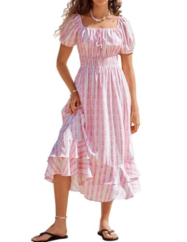 Image of Kate Kasin Women Short Sleeve Maxi Dress Casual Boho High Waist Empire Summer Dresses Puff Sleeve A-Line Dress for Wedding Party Pink Strap L