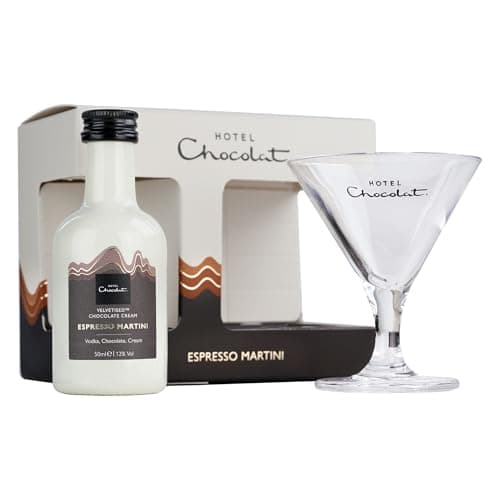 Image of Hotel Chocolat Miniature Espresso Martini Velvetised Cream Liqueur, Premium Gift Set including 5cl Espresso Martini Velvetised Cream with Branded Hotel Chocolat Martini Glass