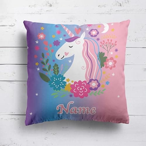 Image of Unicorn Dream Personalised Cushion – Add Name – Magical Unicorn Pillow for Kids Bedroom – Multiple Sizes & Fabrics – Cover or Filled – Girls Custom Fantasy Room Decor