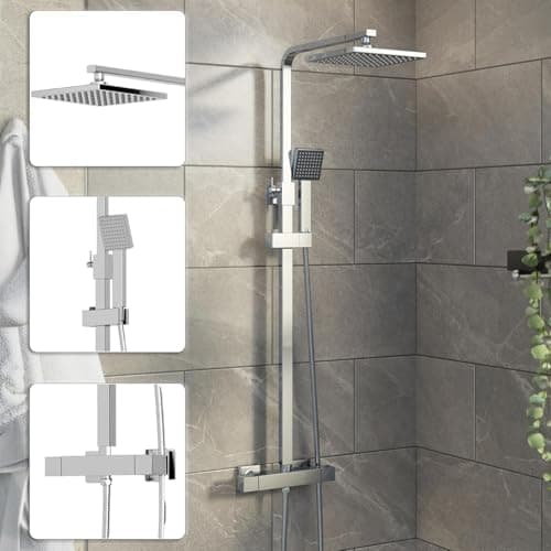 Image of Architeckt Thermostatic Mixer Shower Set Square Rainfall Drencher Head, Handheld Shower, Adjustable Riser Rail & Exposed Bar Valve, Wall-Mounted Chrome Bathroom Shower System