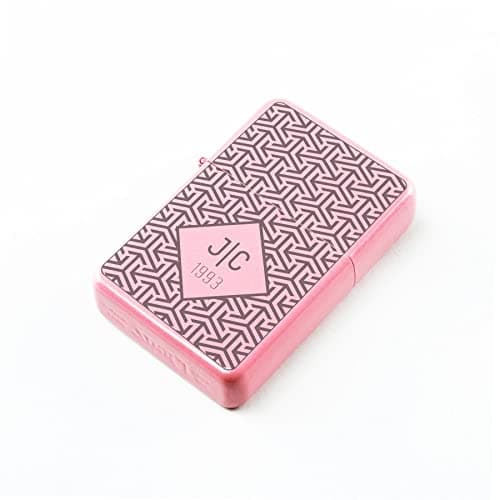 Image of Personalised Engraved Matt Pink Colour Painted Lighter, with Box Illusion Pattern, Add Any Initials and Birth Year. Comes with a Soft Lined Metal Tin Gift Box for Presentation.