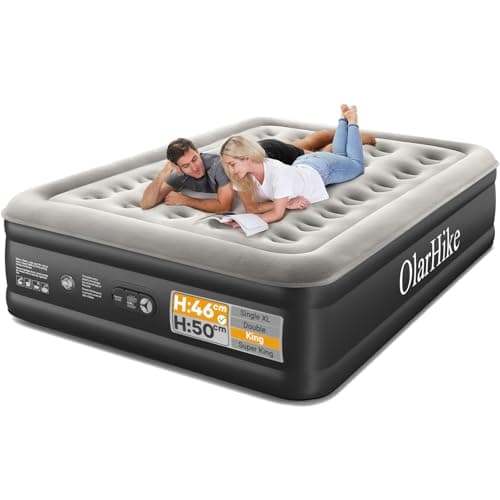 Image of OlarHike King Size Airbed, Inflatable Mattress, 150cm x 200cm x 46cm, Air Bed with Built in Pump, Blow Up Mattress, Folding Guest Bed Self Inflating with Flocked Surface for Camping and Home Use