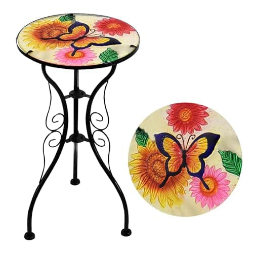 Image of GEEZY Mosaic Garden Table – Flowers and Butterfly Design, Weatherproof Glass & Iron, Small Round Outdoor Patio Coffee Versatile Bistro Side Table Plant Stand for Home & Gift, Garden Tables Only