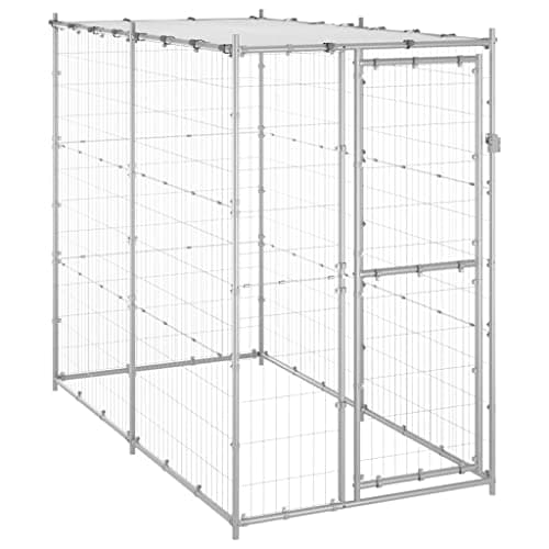 Image of "vidaXL Outdoor Dog Kennel - Galvanised Steel Construction with Roof & Lockable Door - Silver - Ample Space for Play, Exercise & Training"