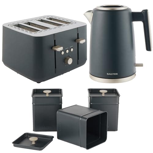 Image of Salter COMBO-8684 Marino Kettle and Toaster Set – With Storage Canisters, Tea/Coffee/Sugar Tins, 1.7L Fast Boil Kettle, Limescale Filter, 4-Slice Toaster, Self-Centring Guides, 3kW/1850W, Blue Grey