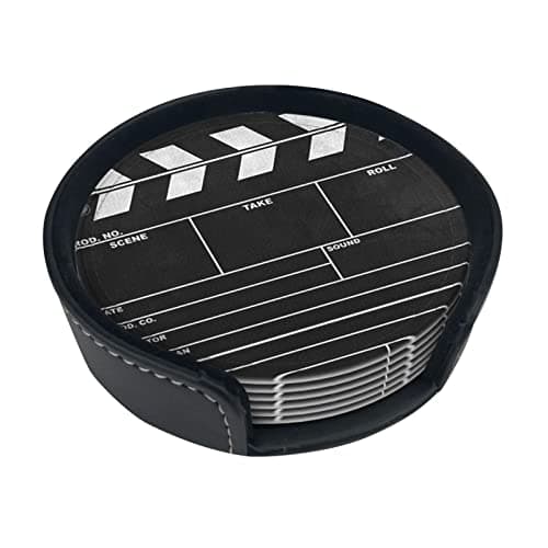 Image of Coasters Set Of 6 Classic Movie Clapboard Black Print Leather Coasters For Drinks,Home Décor And Housewarming Gift