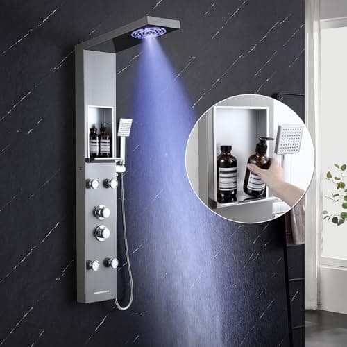 Image of KINKIBOS Tower Shower Panel with Mixer and Shelf, 5-Mode Shower Column LED Rain & Mist Shower, 4 Wide Angle Adjustable Massage Jets, Handset and Waterfall Bath Spout, Brushed Stainless Steel