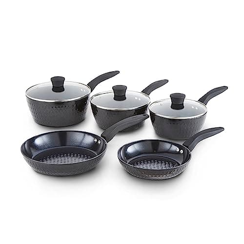 Image of Tower Diamo 5pc Cookware Set, 18cm/20cm/22cm Saucepans with Tempered Glass Lids, 20cm/24cm Frying Pans, Aluminium with Ceramic Black Diamond Non-Stick Ceramic Coating, 7X Stronger, Black, T900130