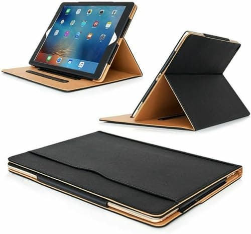 Image of Black/Tan Leather Case for Apple iPad Air 1 (2013), iPad Air 2 (2014), iPad Pro 9.7 (2016) iPad 5th Generation 9.7” (2017) & iPad 6th Gen 9.7-inch (2018) Auto Wake/Sleep, Flip Folio luxury Cover