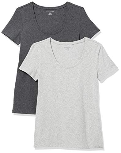 Image of Amazon Essentials Women's Classic-Fit Short-Sleeve Scoop Neck T-Shirt (Available in Plus Size), Pack of 2, Charcoal Heather/Light Grey Heather, Medium