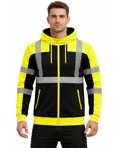 Image of kraftd Hi Vis Hoodie for Men Reflective Striping Safety Zipper Jacket Hi Viz Sweatshirt Hooded Full Sleeves Fleece Lining High Visibility Workwear (Black/Yellow,XXL)