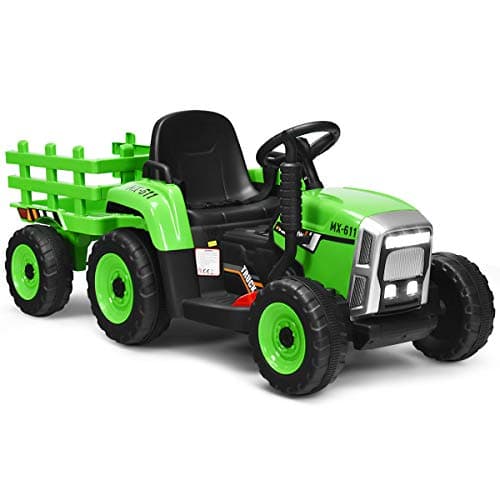 Image of COSTWAY Ride on Tractor and Trailer, 12V Battery Powered Electric Kids Toy Car with Remote Control, LED Lights, USB & Bluetooth Music, Four Wheels Ride on Toys for Children Ages 3+(Green)