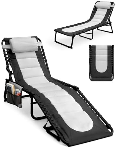 Image of KEPLIN Foldable Sun Lounger Chair - Padded Two Tone Outdoor Garden Recliner, 4 Position Adjustable Backrest, 600D Oxford Fabric, Portable Patio Camping Deck Chair - 110kg Capacity