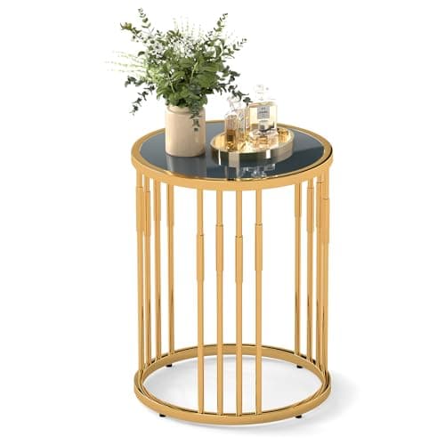 Image of COSTWAY Round Side Table, 40cm Sofa End Table Accent Nightstand with Glass Mirror Top, Modern Golden Metal Frame Small Coffee Snack Tea Tables for Living Room Bedroom Balcony, No Assembly Required