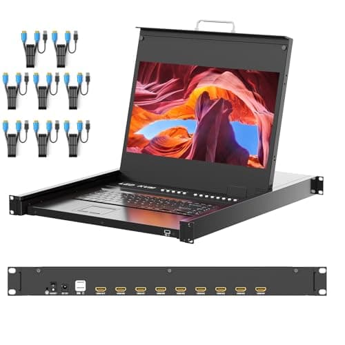 Image of 1U Rack Mount KVM Console, Arvitek 17.3" LCD Monitor KVM Switch 8 Port HDMI w/Cables, 1080P, Built-in Keyboard Touchpad, Fits 19" Rackmount Cabinet (Depth 600–810mm)
