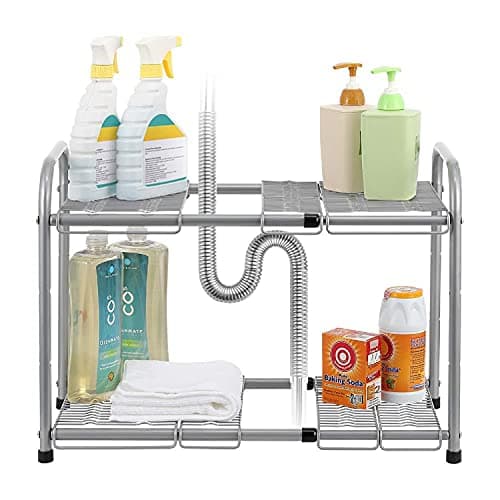 Image of Taylor & Brown® 2 Tier Under Sink Storage Organiser Extendable Kitchen Shelf Rack Adjustable Height with 7 Metal Removable Panels