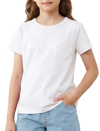 Image of Spring&Gege Girls T-Shirt with Heart Pocket, Cotton Love Tops for Girls, Casual Round Neck Short Sleeve Tee Summer for School Gym Neon Party Performance(White,7-8 Years)