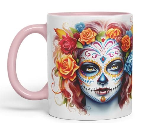 Image of Vixar Sugar Skull and Roses Ceramic Coloured Mug Cup for Tea Coffee Hot Brew 330ml 11Oz Gift sk3 (Pink)