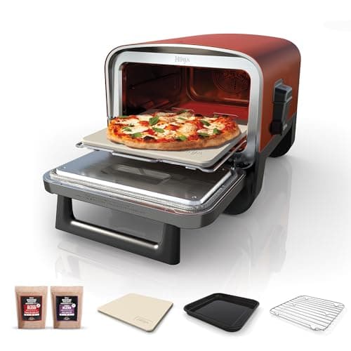 Image of Ninja Woodfire Electric Outdoor Oven, 8-in-1 Pizza Oven, High-Heat Roaster & BBQ Smoker with Roast Rack, Pro-Heat Tray, Pizza Stone,Wood Pellets & Scoop, Electric,6 Pizza Settings,Burnt Orange OO101UK