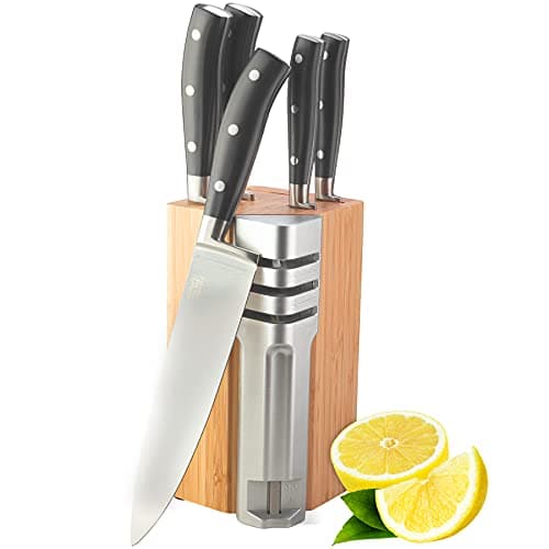 Image of 5pc Kitchen Knife Block Set - Henley by Taylors Eye Witness Stainless Steel Knives & Bamboo Wood Holder, Paring, All Purpose, Carving, Bread & Chefs Knives with 3-Stage Sharpener. 10 Year Guarantee