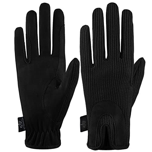Image of All Day Horse Riding Gloves Ladies Dublin Track Fabric Gloves Leather Equestrian (Black, M)