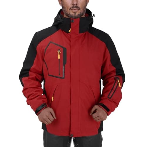 Image of Generisch Rain Jacket Men's Waterproof Breathable Wind Jacket Cargo Colour Block Transition Jacket Thickened Fleece Hiking Jacket Large Sizes Warm Raincoat Outdoor Sports Hooded Jacket for Men, red